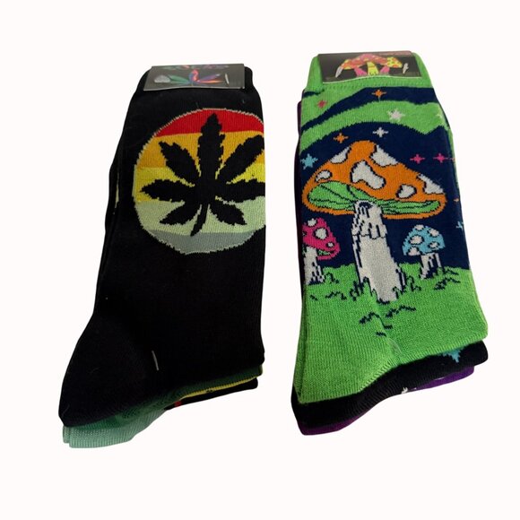 Psychedelic Mushroom Crew Socks Set of 6 Cannabis Leaf Design Unisex Funky Gift - Picture 9 of 10
